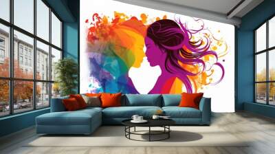 silhouettes of two woman in love - flat vibrant rainbow colors to represent pride in the LGBQT community with white background - heart shaped silhouette Wall mural