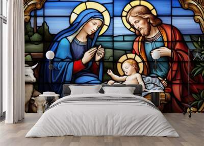 stained glass window in a church that shows the birth of jesus with maria and joseph - christian holiday - christmas - religious art - generative ai Wall mural