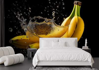 Bananas in water splash over black background Wall mural