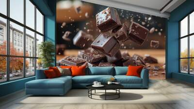 Broken chocolate pieces and cocoa powder on a dark background. Wall mural