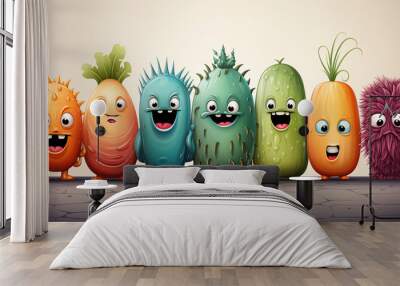 colorful illustrations of happy, funny fruit and vegetable mascots. A fresh approach to healthy eating! Wall mural