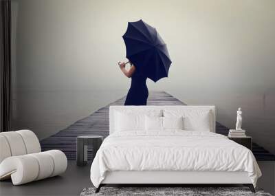 woman with black umbrella looking infinity in a surreal place Wall mural