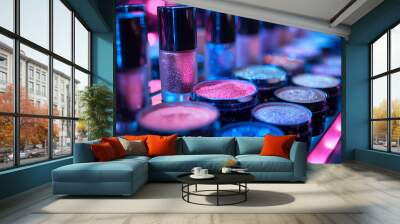 Cosmetics for makeup. Cosmetics on the shop window with a variety of colors and shades, mascara, powder, paint for beauty and makeup. Consumerism, retail and purchase Wall mural