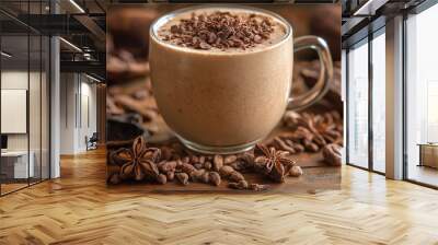 Cup of hot cocoa drink and chocolate bar with cocoa powder  isolated on brown background. Wall mural