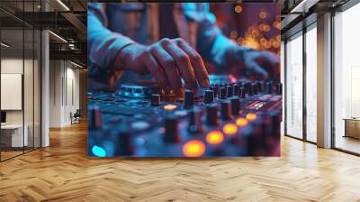 Deejay mixing music in the dj mixer. DJ Hands creating and regulating music on dj console mixer in concert nightclub stage Wall mural