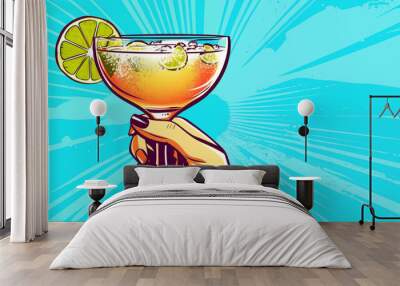 Hand holding glass of cocktail  for invitation text in pop art retro comics style. Wall mural