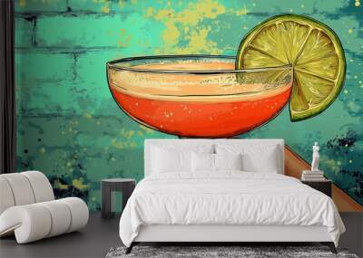 Hand holds a glass with a cocktail with a lime slice. Isolated illustration flat design. Wall mural