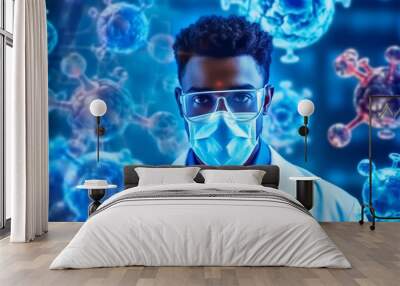 Multiple covid-19 cells against caucasian male doctor wearing face mask . coronavirus covid-19 pandemic concept Wall mural