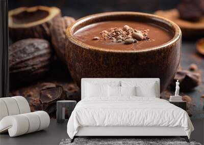 Natural craft cocoa drink, organic healthy chocolate drink with brown cocoa beans and dry cacao pod. Wall mural