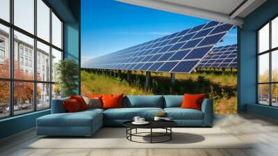 Photovoltaic solar power panel on dramatic sunset blue sky background, green clean Alternative power energy concept. Wall mural