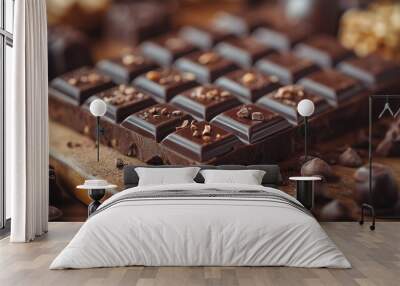 Pieces of milk chocolate bar on dark background. Sweet food is made of cocoa and sugar. Wall mural