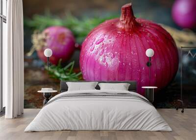 red onions. lots of ripe purple onion fruits close up lying on top of each other. Wall mural