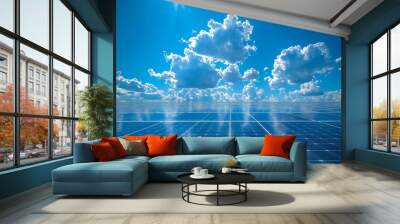 Solar power panels and natural landscape in sunny summer. Solar panels and blue sky clouds . Green energy concept. Wall mural