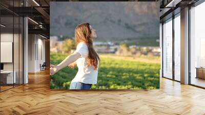 happy woman on sunset in nature Wall mural