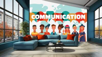 Group of young people with dialog speech bubbles. Communication, teamwork and connection vector concept
 Wall mural