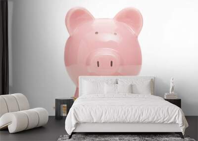 Piggy bank and coins on white background Wall mural