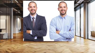 Portrait of the same man in different style clothes, isolated on a white background Wall mural