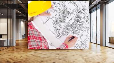 Top view of a architect drawing on blueprint Wall mural