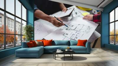 Architects, engineers, designers, working on concepts, planning, blueprints, brainstorming, inventing, calculating, planning, concept and construction design in real estate projects. Wall mural