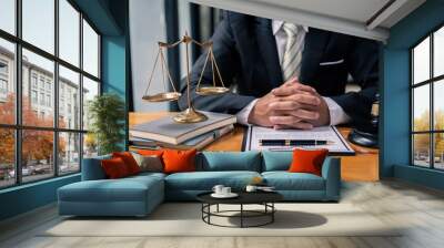 Lawyer Sitting At Table, Judge gavel with Justice lawyers, Businessman in suit or lawyer working on documents. Legal law, advice, and justice concept Wall mural