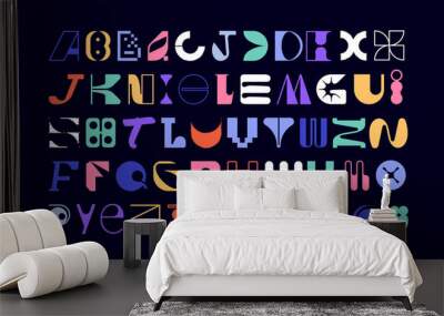 Large set of random letter shapes. English alphabet from geometric capital letters of eclectic shapes. Brutalism modern font type. Condensed and Bold font from geometric objects.  Wall mural