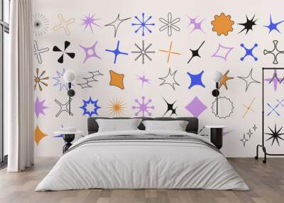 Vector set of flower and star shapes. Y2k shapes of shine, sun, sunbeams, flare and glares in a modern brutalist style. Wall mural