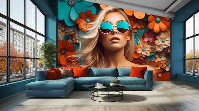 a beautiful flower power woman with cool sunglasses Wall mural