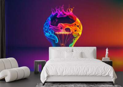 a colorful glowing 3d idea bulb lamp, visualization of brainstorming, bright idea and creative thinking, generative ai Wall mural