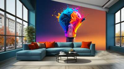 a colorful glowing idea bulb lamp, visualization of brainstorming, bright idea and creative thinking, generative ai Wall mural