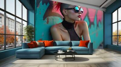 a crazy cyberpunk girl with colorful mohawk hair and modern sunglasses in front of a wall Wall mural