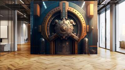 a huge futuristic vault gate, underground fantasy, the locked iron door to the underworld, the safest place in the world, generative ai Wall mural