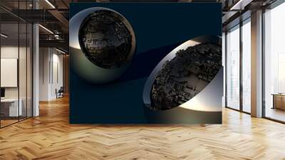 Alien technology in a metallic ball. Techno sphere with reflections Wall mural