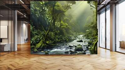 amazon rainforest with tropical vegetation, a creek runs through a mysterious jungle, a mountain stream in a lush green valley, fictional landscape created with generative ai Wall mural