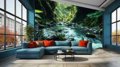 amazonas rainforest, tropical river with steam, jungle landscape with sunrise, fictional landscape created with generative ai Wall mural