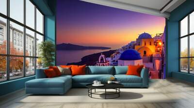 beautiful island in the evening with a ancient village, mediterranean sunset landscape with romantic lights, fictional landscape created with generative ai Wall mural