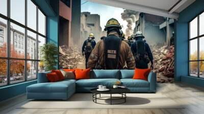 men in protective uniforms and hardhats, rescue mission after earthquake, fictional persons created with generative ai Wall mural