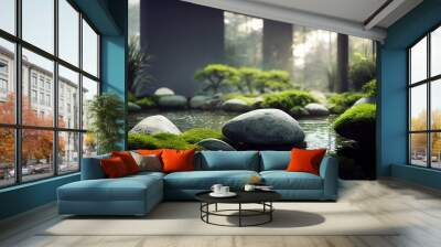 peaceful japanese indoor stone and water garden with moss, modern architecture, fictional interior created with generative ai Wall mural