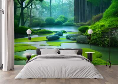 peaceful japanese stone and water garden with, moss and fresh green cloud forest vegetation, fictional landscape created with generative ai Wall mural