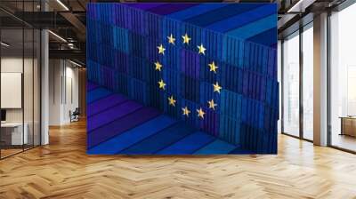 The restart of european economy. Import export business. Stacked cargo containers. Flag of EU. Coronavirus crisis. 3D rendering Wall mural