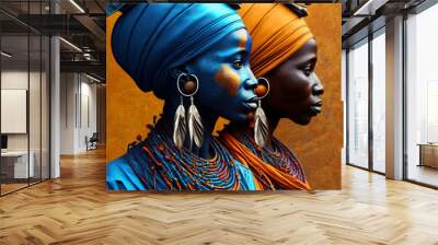 two tribal women side by side in blue and orange, black women with traditional african headdress, fictional persons created with generative ai Wall mural