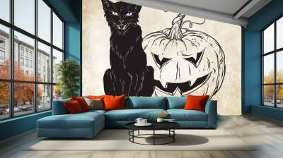 Black cat sitting with halloween pumpkin over old grunge paper background vector illustration. Witches familiar spirit animal. Wiccan card design. Wall mural