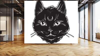 Cute black cat with moon on his forehead line art and dot work. Wiccan familiar spirit, halloween or pagan witchcraft theme tapestry print design vector illustration. Wall mural