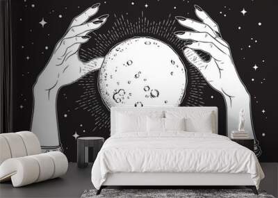 Hand drawn full moon with rays of light in hands of fortune teller line art and dot work. Boho chic tattoo, poster or altar veil print design vector illustration. Wall mural