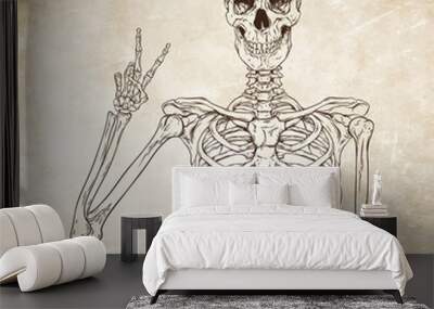 Human skeleton posing over old grunge paper background vector Wall mural