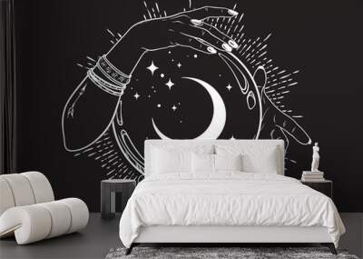 Magic crystal ball with crescent moon and stars in hands of fortune teller line art and dot work. Boho chic tattoo, poster or altar veil print design vector illustration Wall mural