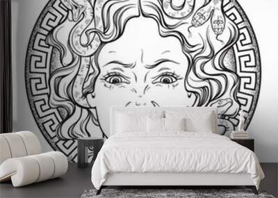 Medusa Gorgon head on a shield hand drawn line art and dot work tattoo or print design isolated vector illustration. Gorgoneion is a protective amulet. Wall mural