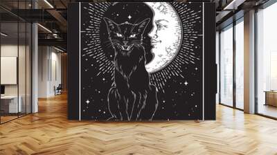 Tarot card The Moon black cat over night sky with moon and stars. Familiar spirit, halloween or pagan witchcraft theme print design vector illustration Wall mural