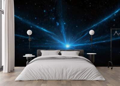 blue motion lights in space galaxy plain black background wide angle panoramic view backdrop copy space Wall mural