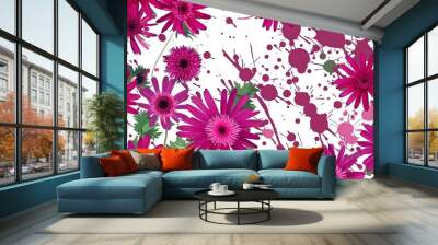 Fuchsia asters splatter effect seamless plain white background design Wall mural