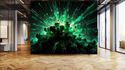 green lights explosion in space galaxy plain black background wide angle panoramic view backdrop copy space Wall mural